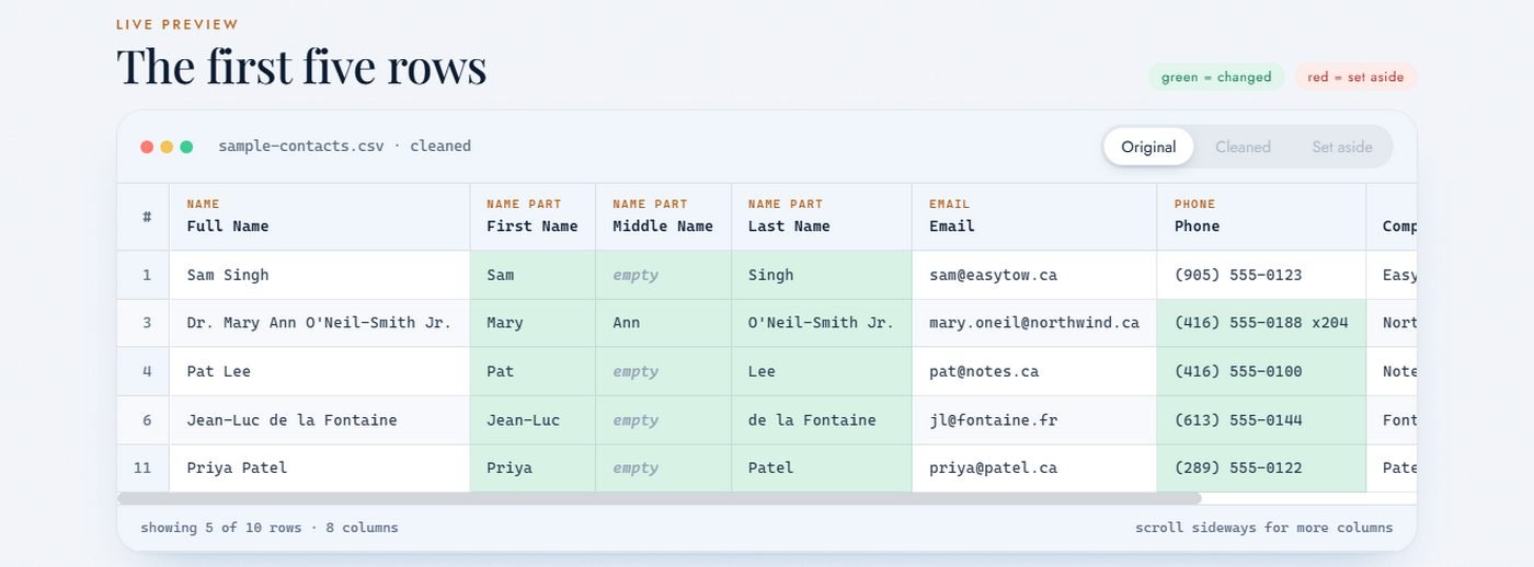 The live preview table showing the first rows after cleaning, with changed cells highlighted in green